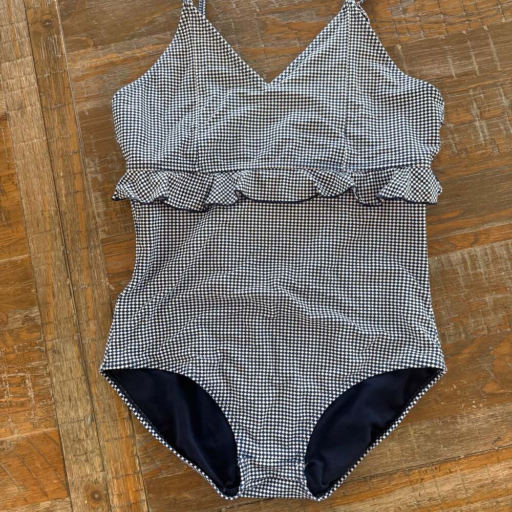 Janela Bay Blue and White Checkered Ruffle One-Piece Swimsuit Size L